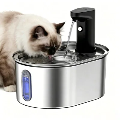 3L Cordless Stainless Steel Cat Water Fountain with Motion Sensor, Ultra-Quiet Pump & Multi-Stage Filtration