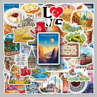 50 Sheets Factory Wholesale Cartoon Doodle Turkey Travel Diary Custom PVC Stickers for Wall, Luggage, and Camera