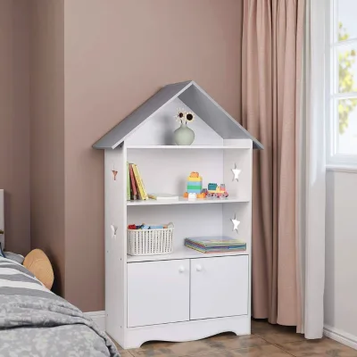 Multiple Bookcase Featuring in Shape of a House and Has Star Motifs Wooden Cube Bookcase