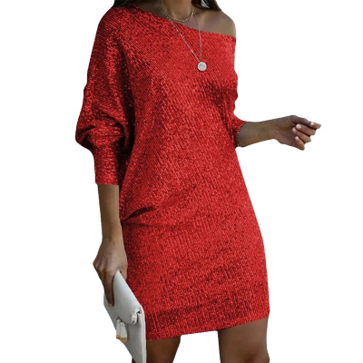 New Women's Sequin Dresses Casual Women Long Sleeve Evening Party Oblique Shoulder Dress Midi Ladies Dress