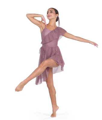 Girls Dance Dress One Shoulder Ruffle Mesh Lyrical Dress Asymmetrical High Low Hem Contemporary Ballet Performance Costume
