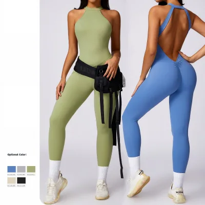 Wholesale Sport Gym Romper Soft Stretchy Lightweight High Neck Open Back Scrunch Back Fitness Yoga Jumpsuit for Women