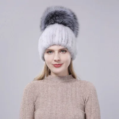 High Quality Fashion Luxury Real Mink Fur Hat with Fur Pom Pom