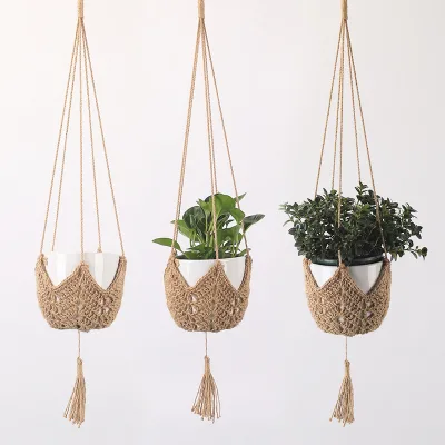 Wholesale Indoor & Outdoor Home Hanging Decor Ivory Cotton Hanging Planter Basket with Decorative Ceramic Flower Pot