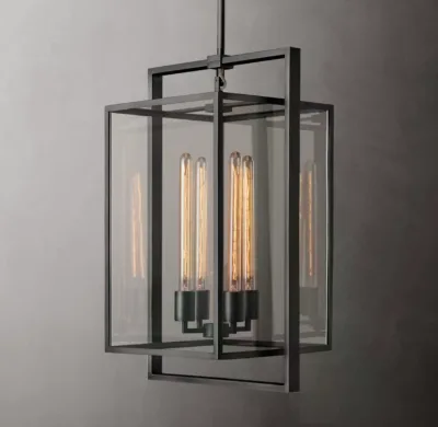 Vintage Rectangular Glass Lantern Pendant Light Black Finish Hallway Kitchen Island Hanging Lamp