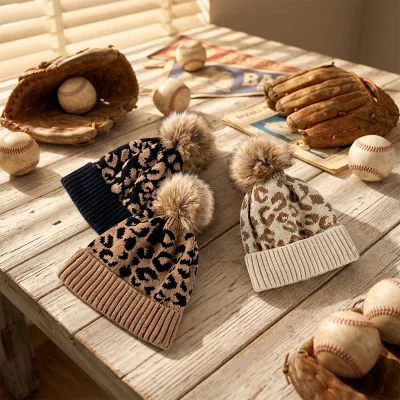 Wholesale Knitted Beanie Hats-Winter Warmer Travel Ready Leopard Pattern Bow Decoration for Unisex Adults