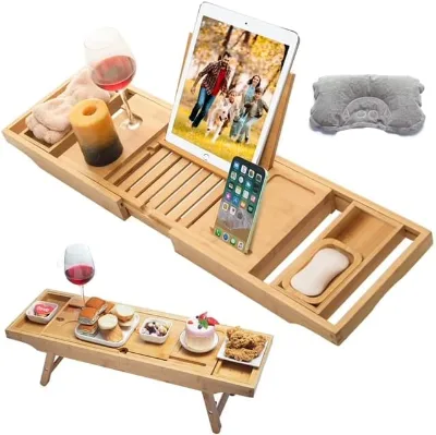 Bamboo Bathtub, Bed, Laptop Tray with Foldable Legs Adjustable Bath Caddy - Wine Glass and iPad Holder