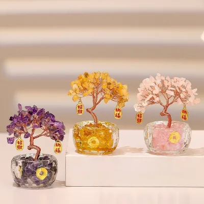 Natural Crystal Stone Attracting Money Tree Crystal Glass Base Tree Home Decoration