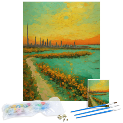 Sunset Natural Building Landscape Oil Painting by Numbers for Adults. Hand Painted Oil Paint by Numbers