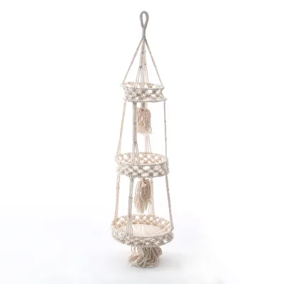 OEM 3 Layers Wooden Board Wall Hanging Bohemian Cotton Rope Storage Hanging Basket Home Patio Decorative Tapestry Shelf