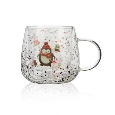 Wholesale Double Layer Insulated Glass Cup with Handle Christmas Pattern Glass Drinking Mug
