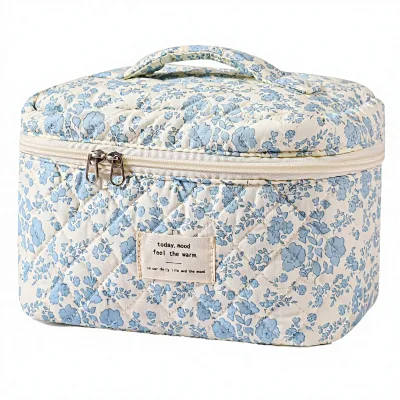 Large Travel Quilted Floral Cotton Makeup Bag for Women with Cosmetic Storage & Toiletry Organizer