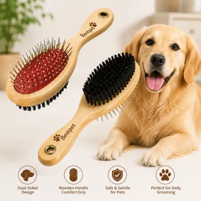 Double Sided Eco-Friendly Pet Grooming Brush-Soft Pin Slicker for Dogs Pet Hair Removal ABS Stainless Steel & Wood