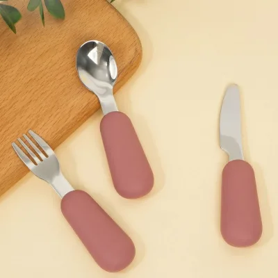 Fubon 304L Silicone Stainless Steel BPA Free Cutlery Spoon Fork 3-pcs Set Independent Eating Training Utensils Infant Tableware
