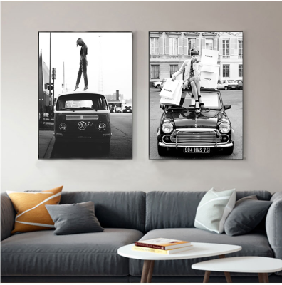 Fashion Retro Style Black White Photos Vintage Street Art Canvas Painting Retro Car Girl Pictures