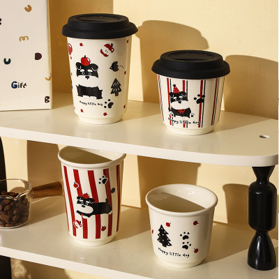 High Aesthetic Ceramic Casual Cup Office Covered Water Cup Cartoon Coffee Milk Cup