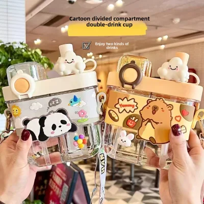 Lovable Kapi Double Drinking Cup with Straw Portable Cartoon Design for Children & Students Outdoor Use