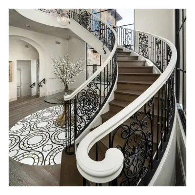 Australian Standard Steel Beam Timber Treads Wrought Iron Balustrades Curved Stairs with Sensor Led Lights Home Renovations