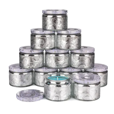 4oz Embossed Shiny Silver Plated Candlestick Thickened Glass Candle Packaging Container with Tin Lid and Label