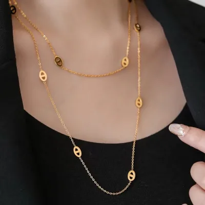 Autumn and Winter New Titanium Steel Plated 18K Gold Letter Thin Chain Stainless Steel Necklace Sweater Chain