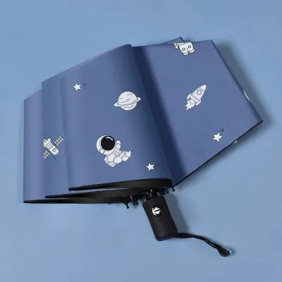 Cartoon Astronaut Rocket Print Automatic Folding Umbrella, Auto Open Close UV Protection Black Coated Compact Portable Umbrella