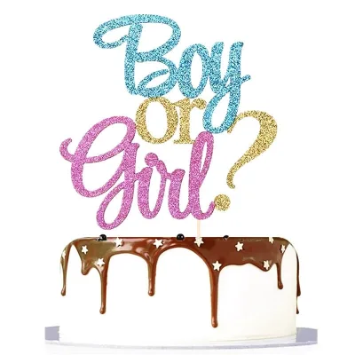 Blue Pink Glittery Gold Gender Reveal Cake Topper Paper Boy or Girl Baby Shower Decoration Party Factory Supplies