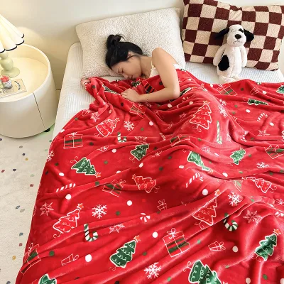 Thickened Christmas Flannel Blanket Bright Red Cloud Mink/Coral Fleece Air-Conditioning Throw / Gift Blanket