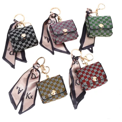 Luxury Full Diamond Mini Wallet Keychain Multifunctional Lip Gloss Storage Bag Wireless Earbuds Protective Case Fashion Keyring