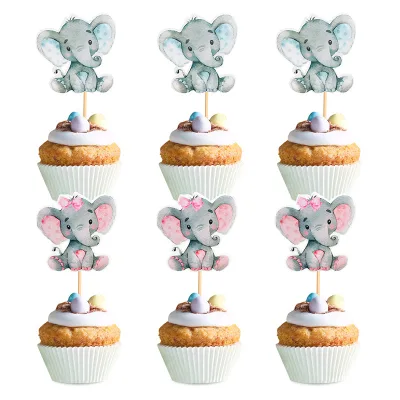 Cute Blue Pink Elephant Dessert Cupcake Toppers for Baby's Birthday Party Cake Tag Decorations