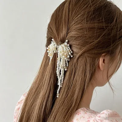 Luxury Pearl Crystal Tassel Handmade Hair Clip & Claw for Half-Updo Ponytail-Women's Light-Luxury Headpiece Accessory