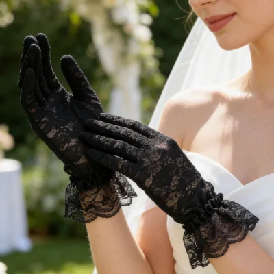 Wedding Bridesmaid Lace Gloves Elegant Hepburn-Style Elbow-Length Full-Fingered Short Rose-Patterned Lace Design China-Made