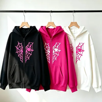 OEM ODM Custom Zip up Hoodies Heavy Fleece Full Zip Hooded Sweatshirts Punk Spider Web Print Logo for Men Women