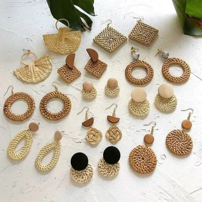 Custom Rattan Drop Dangle Earrings Straws Boho Handmade Woven Earrings