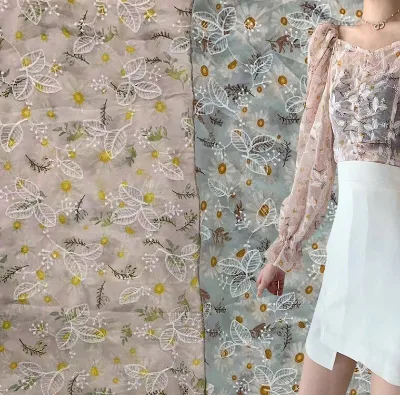 100%polyester Chiffon Embroidery Printing Fabric Flower Embroidery Printing Thin Fabric for Garment for Dress