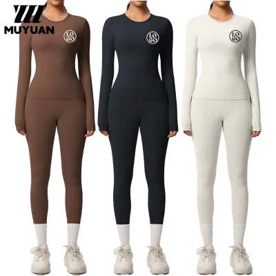 Women's Custom Logo Two-Piece Workout Activewear Sets Longsleeve Nylon Legging with Flared Gym Pants Conjuntos De Yoga Clothes