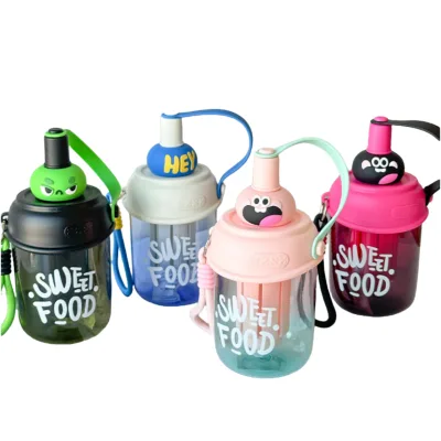 New cartoon plastic cup cute children's portable straw water cup with rope sheath thickened tide drink accompanying cup