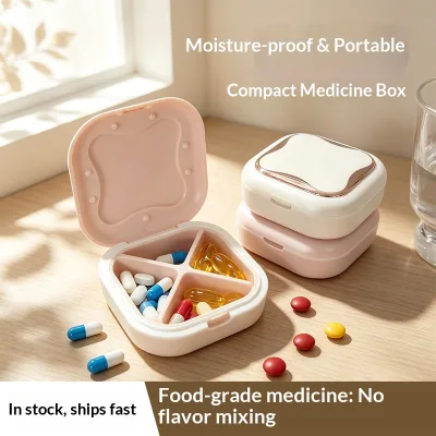 Portable Divided ABS Pill Box Moisture-Proof Airtight Food-Grade Mini Medicine Case On-the-Go 4-Compartment Medication Organizer