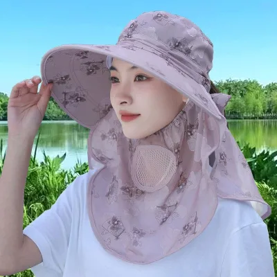 New Style Sunscreen Hat UV-proof Sun Hat Summer Tea Picking Bucket Hat With Mask for Women