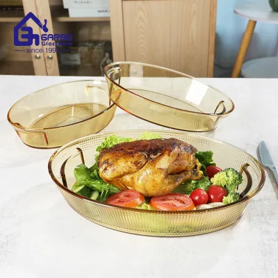 Baking Glass High Borosilicate Heat Resistant Baking Dish Amber Solid Color Big Capacity Oven Safe Oval Pan Kitchen Baking Plate