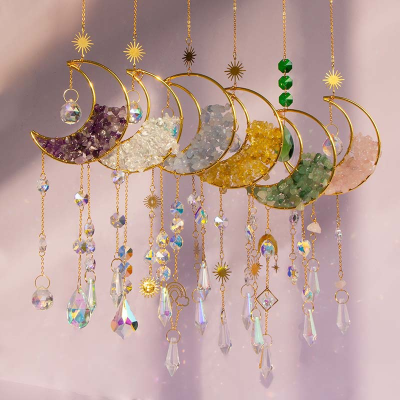 Crystal Sun Catcher Big Moon Natural Rose Quartz Stone Pendant Decoration