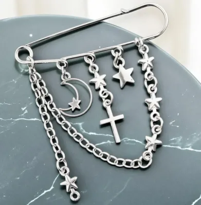 Wholesale Customization Celestial Cross Cufflinks 316L Stainless Steel Safety Pin Waterproof Moon Stars Christian Boho Brooch