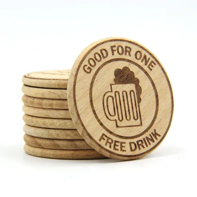 1.5 Inch Custom Raw Wooden Tokens Laser Engraved Wood Poker Chips Wooden Nickels Coins Bar Drink Party Tokens Event Supplies