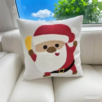 Velvet Embroidered Santa Claus Cushion Cover, Christmas Embroidered Cushion Home Decor Holiday Accent Decoration Pillowcase