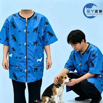 Professional Women Uniform Polyester Cute Short Sleeve Work-Wear Salon Hair Pockets Zipper Jacket Custom Logo