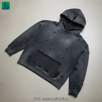 Streetwear Clothing Custom Men's Zipper-Up Heavyweight Vintage Ripped Distressed Oversized Acid Wash Embroidered Hoodie