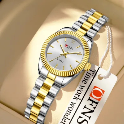 OFNS Stainless Steel Quartz Pointer Dial Luxury Fashion Women's Watch Gold Water Resistant Couple Watch
