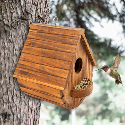 Garden Wood Hanging Bird House Wooden Outdoor Bird House Bird Families Bluebird Hanging Birdhouse with Feeder Tray
