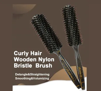 Round Brush Comb with Wooden Handle for Straight and Curly Hair Heat Resistant