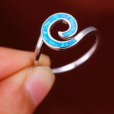 Beautiful 925 Sterling Silver Wave Opal Ring Ocean Beach Lab Created Blue Opal.Handmade Jewelry