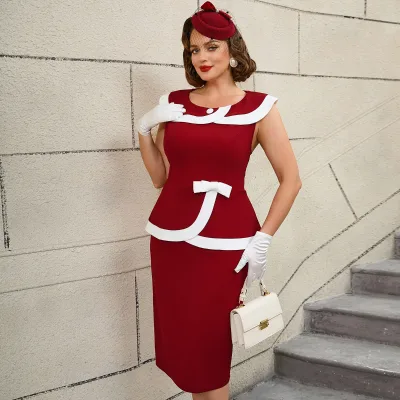 AOMEI Bow Sleeveless Contrast Color Lapel Collar Formal Career Dress Festivities Red Midi Slim Romantic Bodycon Dresses